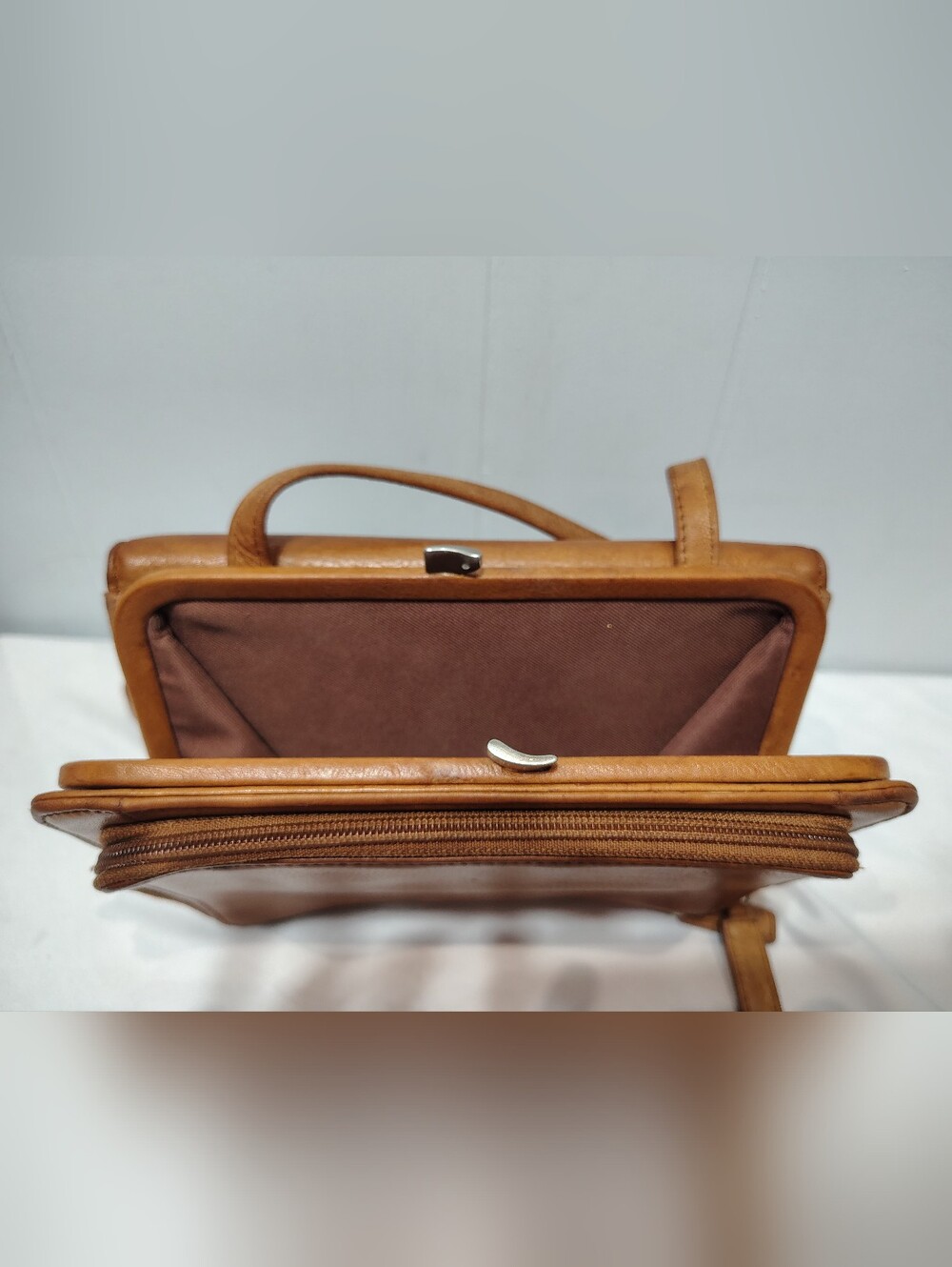Fossil Tan Leather Crossbody Organizer Wallet Kisslock All In One Vintage - Picture 4 of 7